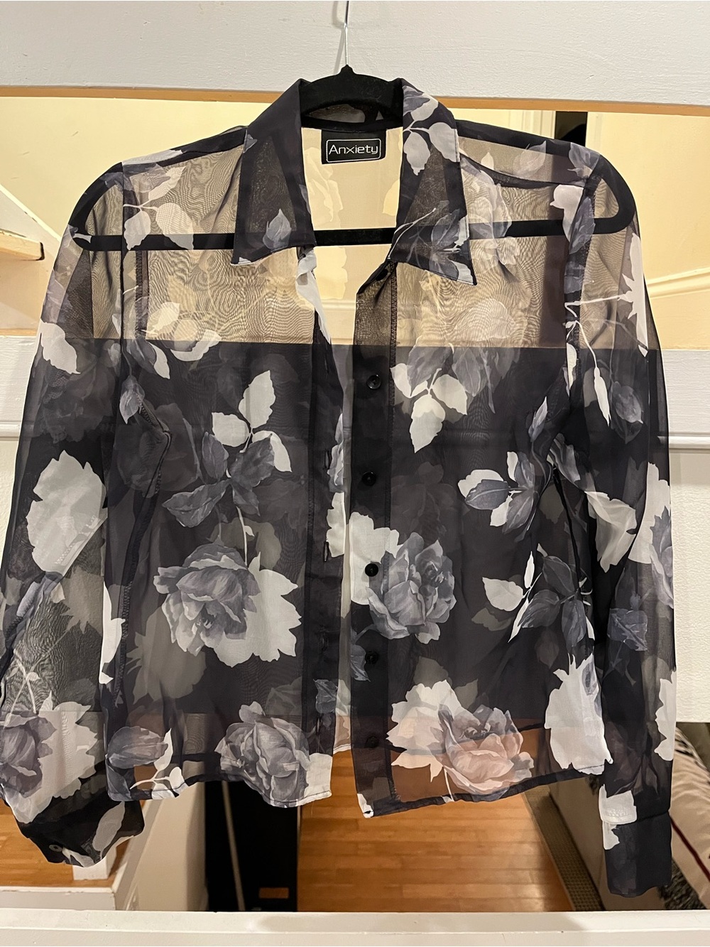 Vintage Anxiety Sheer Floral Button-Down Shirt in Black and White